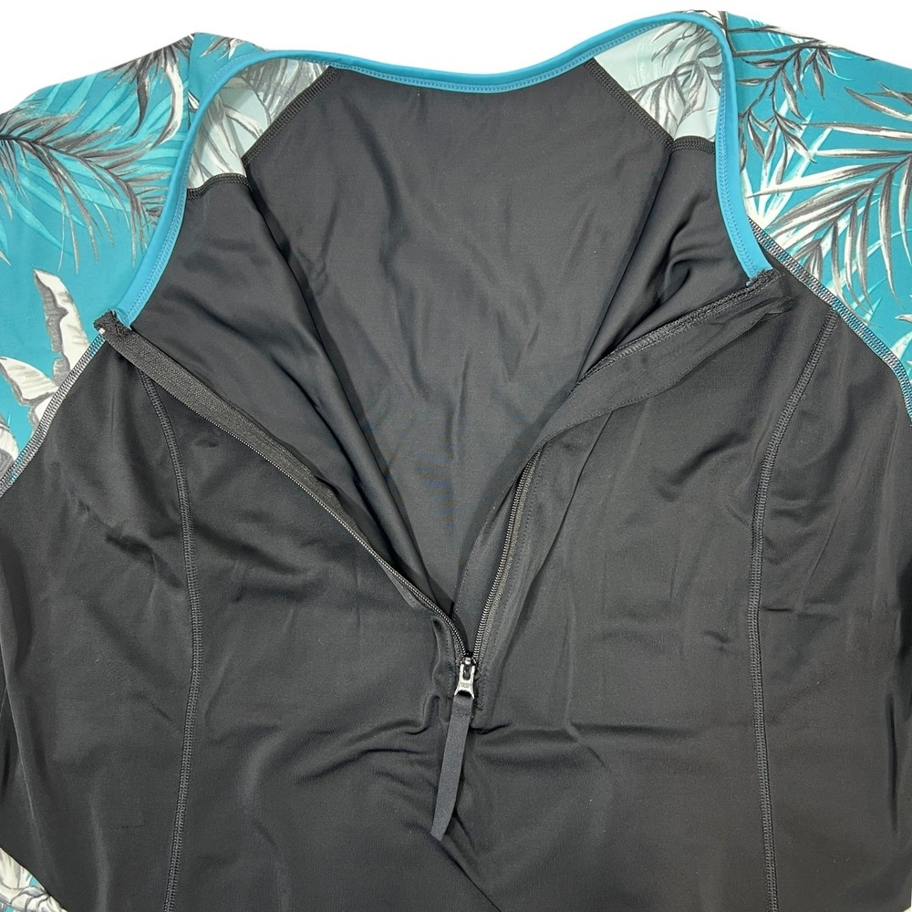 Swim by Cacique Rash Guard 20 Black Turquoise Tropical Palm Half-Zip Swim Top - Picture 5 of 8